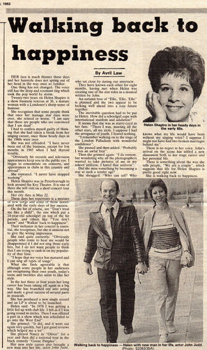 Article from Peterborough Evening Telegraph 1983 regarding Helen Shapiro's show at the theatre in the town. She talks of her career and the new man in her life, John Judd.