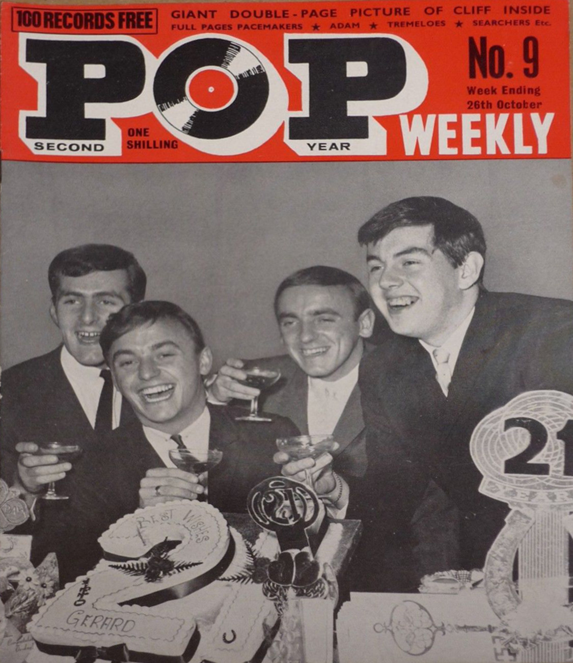 Adam Faith third of page article + full page picture. UK/US Chart page.Fourmost full page picture. Helen,Andy Williams, Cilla Black, Dick Emery, Oscar Brown Jr.,  Mike Preston, Dallas Boys in the Photo News + captions. Cliff Richard centrefold picture. Kathy Kirby full page picture.Disc reviews by Peter Aldersley. Elvis Presley half page article + picture. Mike Sarne half page article + picture. Pat Harris & Blackjacks half page article + picture. Brian Poole & Tremeloes third of a page article + full page picture. Searchers back cover picture.